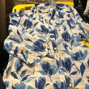 Alfred Dunner Blue and White Floral Button Down Shirt